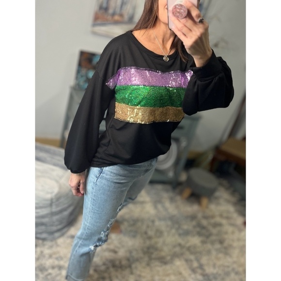 Mardi Gras Sequined Color Block French Terry Purple Green Gold Black 1123 - Picture 3 of 11